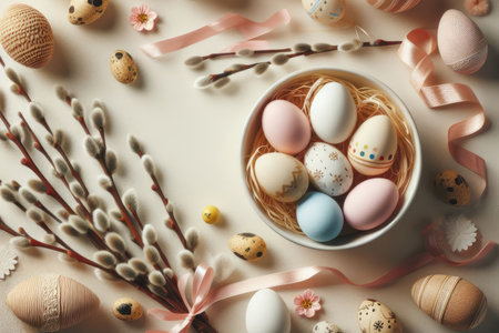Basket with painted Easter eggs and willow branches on background, Easter decor, beautiful cardの素材