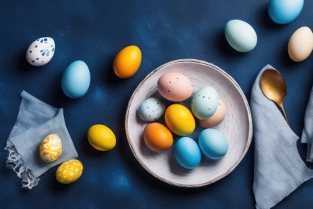 Festive Easter horizontal banner, template header for website. Realistic 3d design elements. Spring holiday. Easter eggs in basket. View from above. Blue backgroundの素材