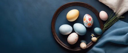 Easter eggs with on blue. Happy Easter concept. colored eggs and cute nestの素材