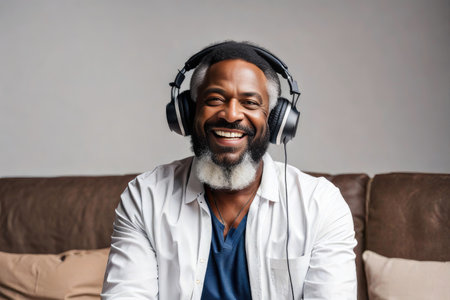 Portrait Cheerful African American Bearded Man Listening To Music On Headphonesの素材