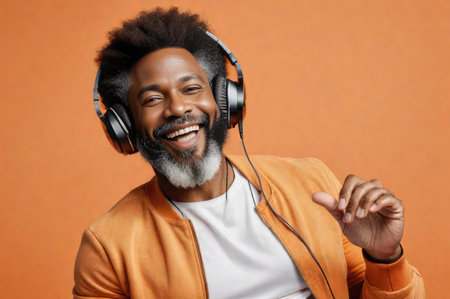 Head shot black man with beard while listening to music through his headphones with on an orange backgroundの素材