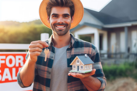 happy bearded man holding house keys and small toy house in hands at sunset, concept real estate purchase and investmentの素材