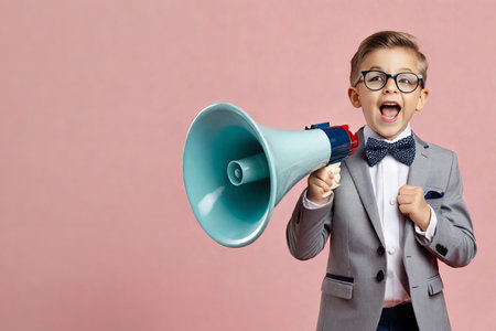 Funny caucasian kid boy Screaming in megaphone.wearing business suit with bow tie over colored background People sincere emotions lifestyle concept. Mock up copy spaceの素材