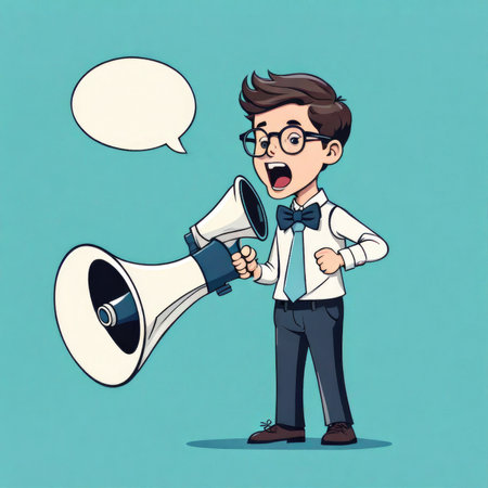Young boy shouting into megaphone bannerの素材