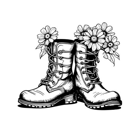 Sketch boots with Flowers isolated on white background. Sketch hand drawn vector close-up illustration for design. Isolated vector print illustration.のイラスト素材