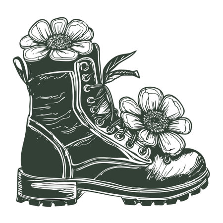 Cowboy boot with Flowers isolated on a white background. Sketch hand drawn vector close-up illustration for designのイラスト素材
