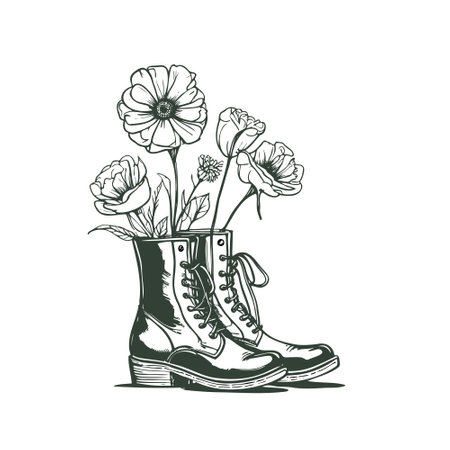 Vector illustration of flowers in boots for coloring books for children and adults. Elegant hand-drawn illustrationのイラスト素材