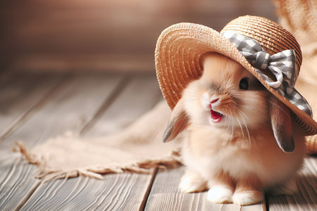 cute little rabbit in hat sitting on a wooden tableの素材