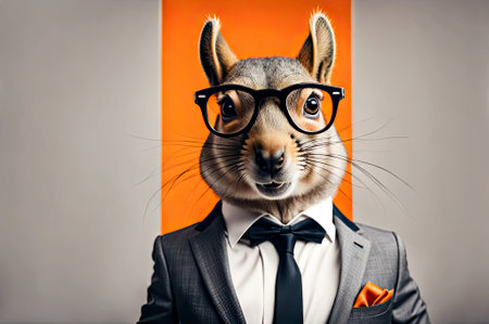 Anthropomorphic squirrel character in a business suit and glasses. on a colored backgroundの素材