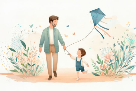 Fathers Day card with cute watercolor illustration dad with son fly kite and walking together, modern typography, holiday wishes. Father's Day templates for poster, cover, banner, social mediaの素材