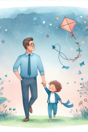 Greeting card design for Father's Day wishing and celebration, watercolor picture dad and son flying a kiteの素材