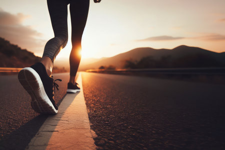 Women's feet in sneakers running on road web banner copy space. Young lady running on rural road during sunset in sneakersの素材