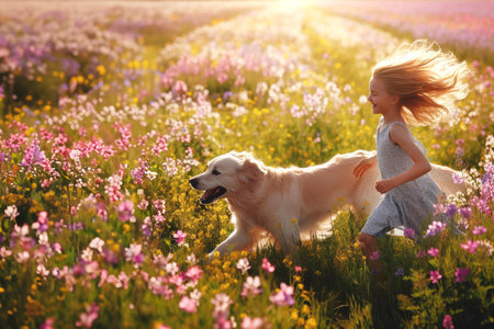 Girl kid with dog running on nature in a field flowers on a summer day at sunsetの素材