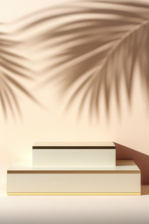 Beige background for product presentation with shadow of tropical palm leaves and light. Podium, stage pedestal platform for cosmetic productの素材