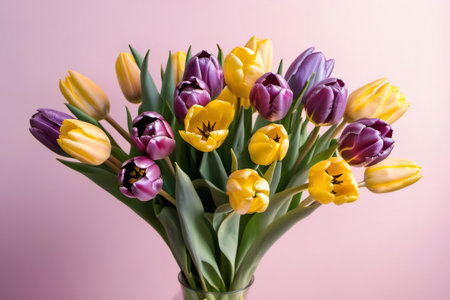 bouquet of purple and yellow tulips on a pink backgroundの素材