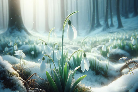 gentle spring snowdrop flower in melting snow. first spring snowdrops in a forest glade. Close-up. soft focusの素材
