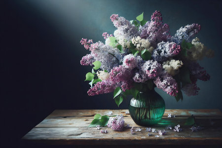 Still life with a bouquet of lilacs on the table, greeting card against a dark wallの素材