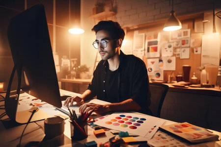 male designer with glasses working at the computer at nightの素材