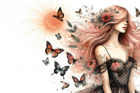 Beautiful young woman with flowers in her long developing hair surrounds many butterfly and bright sunの素材