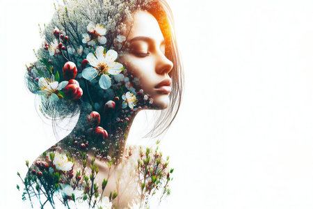 Abstract double exposure portrait beautiful young woman face with flowering trees. Unity woman beauty with nature, spring conceptの素材