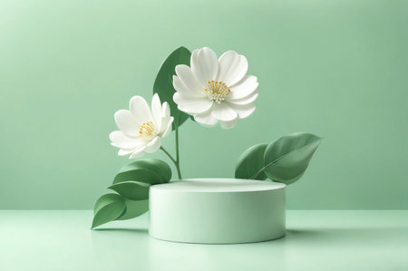 3D display podium pastel green background. White flower with leaf. Nature Blossom minimal pedestal for beauty, cosmetic product presentation. Summer and spring Feminine copy space template 3d renderの素材