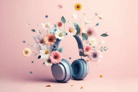Explosive colorful blooms, pastel rose petals and artificial flowers surrounding pair headphones in stylish floral designの素材
