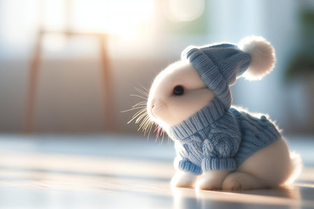 A small white rabbit wearing a blue sweater and a hat. The rabbit is sitting on a tableの素材