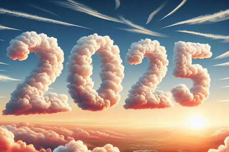 clouds are in the sky and number 2025 is written in clouds. clouds are in different sizes and shapes, and they are scattered throughout the sky. the sun is shining brightlyの素材
