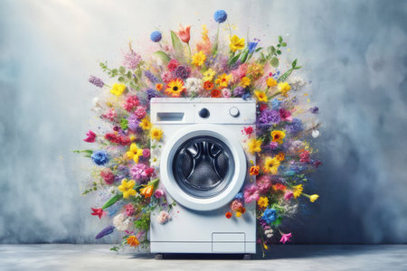 A colorful, flowery washer is displayed on a wall. flowers are arranged in a way that they cover the entire machine, giving it whimsical and playful appearance. Concept creativity and funの素材