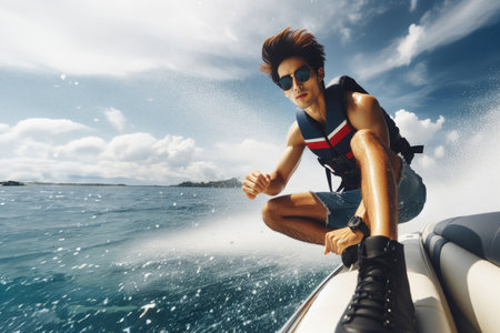 A man in life jacket is riding boat on lake. The man is wearing a watch and sunglassesの素材