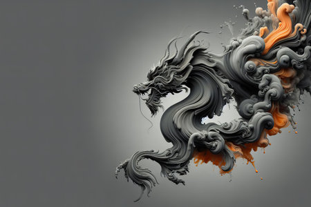 dragon with orange flames on its tail is on a gray background. The dragon is surrounded by a lot of smoke and fire, giving the image a sense of chaos and destructionの素材
