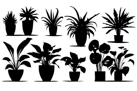 A collection of potted plants in various sizes and shapes. plants are all black and are arranged in rowのイラスト素材