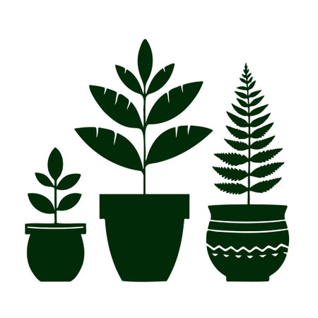 Three potted plants are shown in row, with one in middle and two on either side. plants are all green and appear to be healthy. arrangement plants creates a sense of balanceのイラスト素材