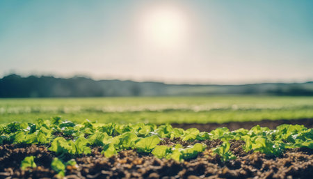 field of green lettuce plants cabbage is growing in sun. the sun is shining brightly on the plants, making them look fresh and healthy. field is vast and stretches out in all directionsの素材
