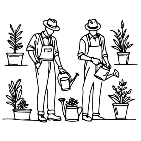 Two men are watering plants. One them is holding a watering can. The scene is peaceful and calmのイラスト素材