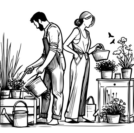 man and woman are watering plants. The man is holding watering can and woman is holding a bucket. The scene is peaceful and calming, as the couple tends to their plantsのイラスト素材