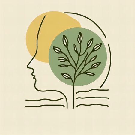 tree is growing out a person head. The tree is green and has leaves. Concept of growth and the importance of nurturing oneselfの素材