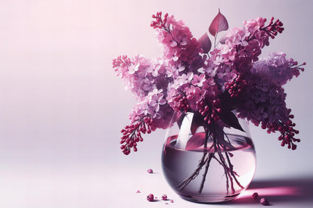 vase purple flowers sits on a table. The flowers are in a clear glass vase and are arranged in a way that makes them look like they are floating. The vase is the main focus of the imageの素材
