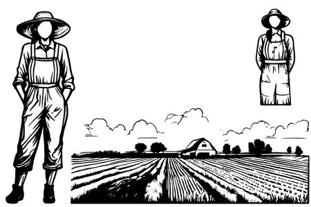 A woman in a straw hat stands in a field. The image is of a farmのイラスト素材