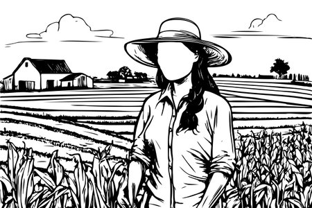 A woman is standing in a field with a hat on. The field is full of crops and the woman is holding a basket. Scene is peaceful and serene, as the woman is surrounded by nature and the cropsのイラスト素材