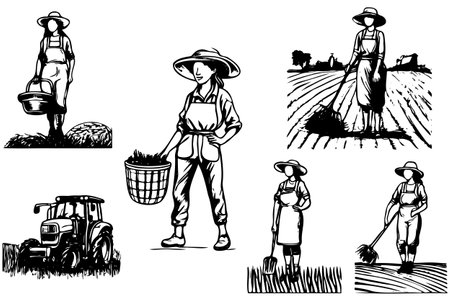 A woman is holding a basket and standing in a field. She is wearing a hat and apronのイラスト素材