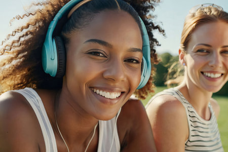 Two women are smiling and wearing headphones. One of them is wearing a blue headband. They are sitting on a bench in a parkの素材