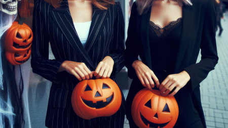 Two women wearing black suits and holding orange pumpkins. The pumpkins have a smiley face on themの素材