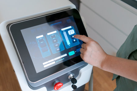 A person is touching a screen that has a button with a red light on it. Hair removal procedure, a...