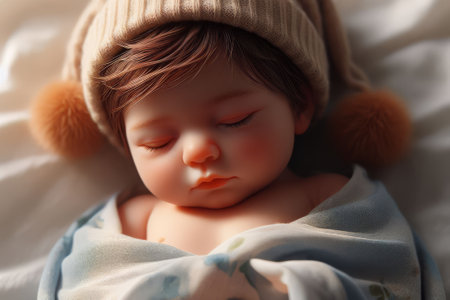 A baby is sleeping in a blanket with a hat on. The hat has two pom poms on itの素材