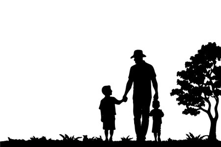 A man and a child are walking together in a field. The man is holding the child's handのイラスト素材