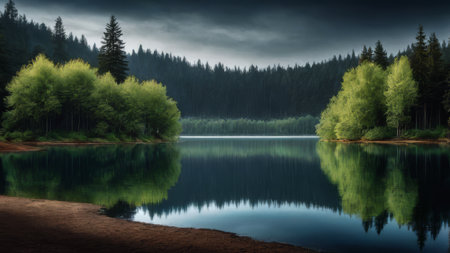 A lake surrounded by trees with a cloudy sky in the background. The lake is calm and peaceful, with the trees reflecting the water's surface. Scene is serene and tranquilの素材