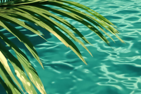A green palm leaf casting shadows over rippling turquoise water. The image showcases a serene and tropical atmosphere, ideal for relaxation and summer conceptsの素材