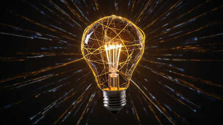 A glowing light bulb with intricate filaments, set against a dark background with dynamic light trails, symbolizing innovation and energyの素材