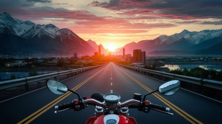 View from a motorcycle on a highway, leading towards a city skyline with a sunset backdrop. Snow-capped mountains surround the city. AI generativeの素材